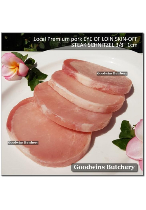 Pork EYE OF LOIN sirloin karbonat SKIN OFF frozen LOCAL PREMIUM STEAK SCHNITZEL 3/8" 1cm (price/pack 600g 5-6pcs)